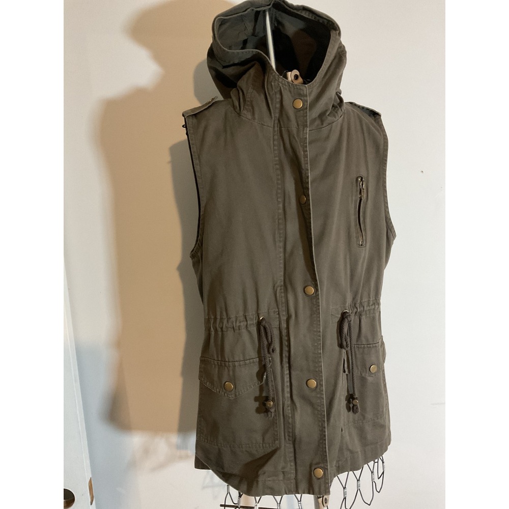 Zenana Outfitters Womens Utility Vest Olive Green Hooded Drawstring QJ2445 Large